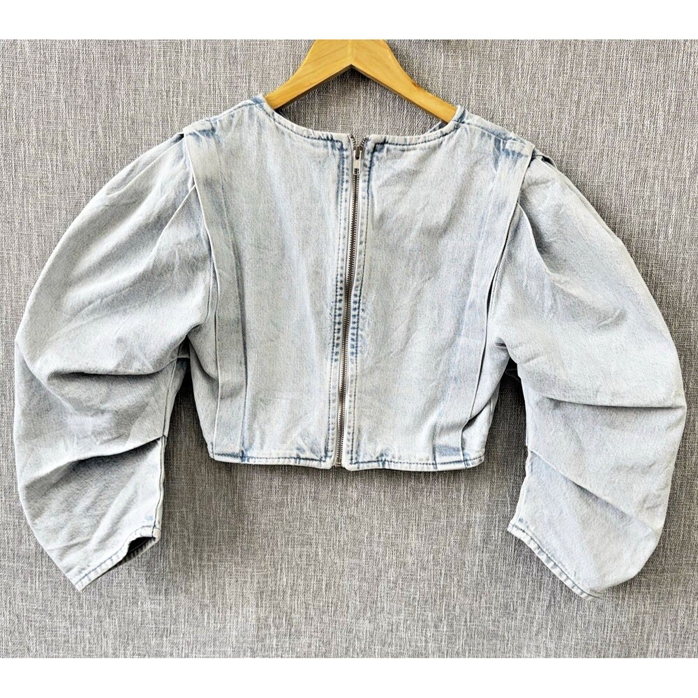 Zara Womens Cropped Denim Size S Zip Top Crew Neck 3/4 Sleeve Light Blue jacket
